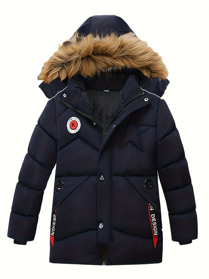 Boy's Trendy Fleece Lining Down Jacket, Warm Zip Up Hooded Coat