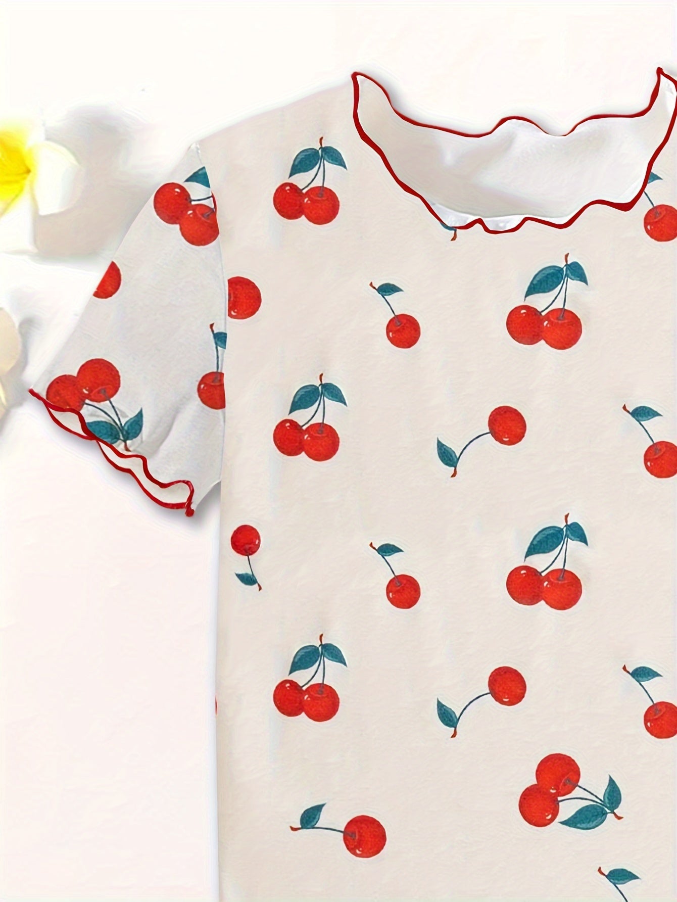 2 Pcs Girl's Casual Underwear Set with Cute Cherry Print- Round Neck Short Sleeve & Trousers