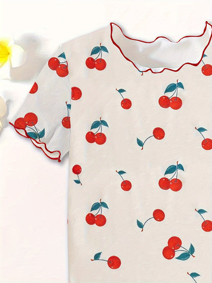 2 Pcs Girl's Casual Underwear Set with Cute Cherry Print- Round Neck Short Sleeve & Trousers