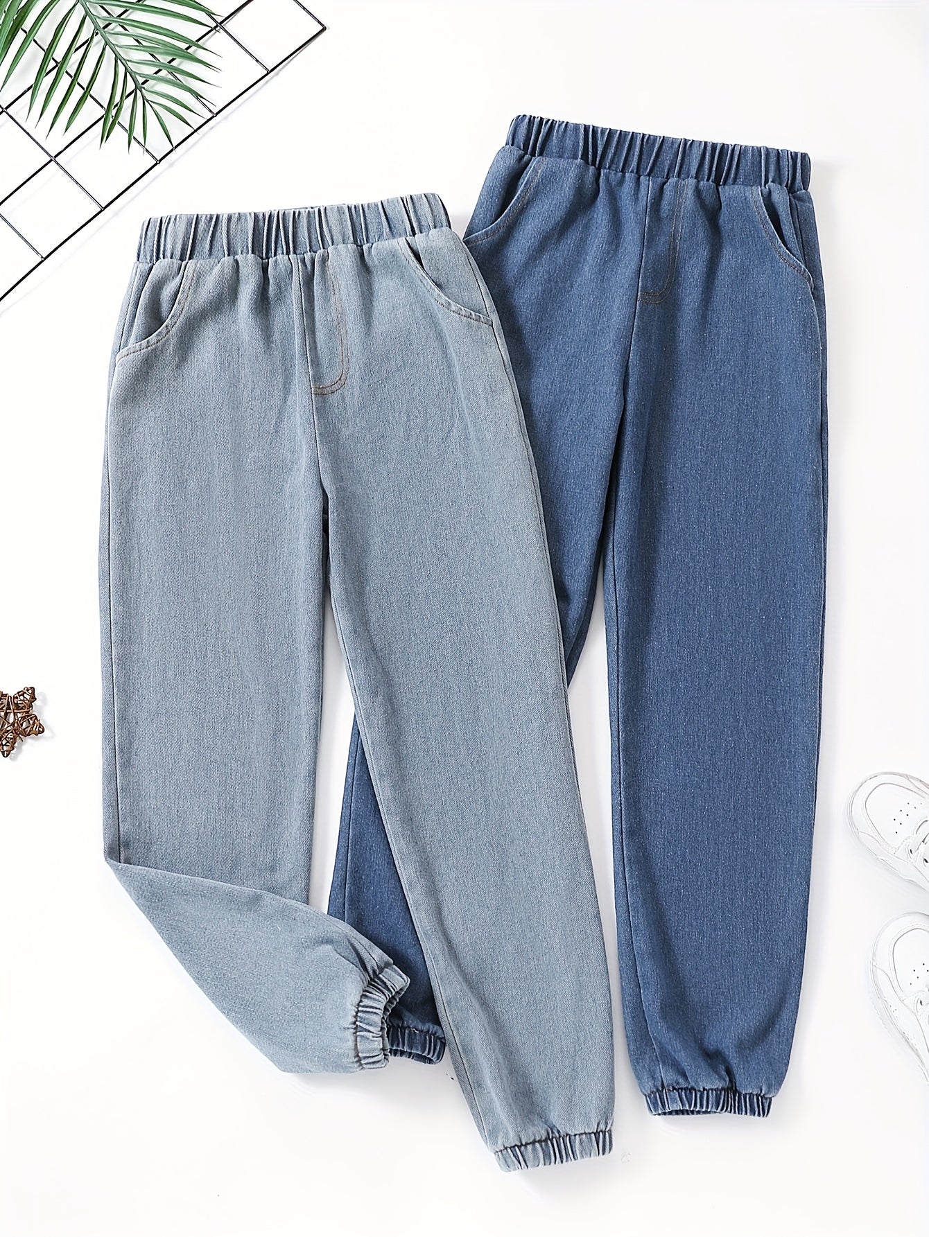 Girls Elastic Waist Denim Jogger Trousers in Solid Colors - 2pcs