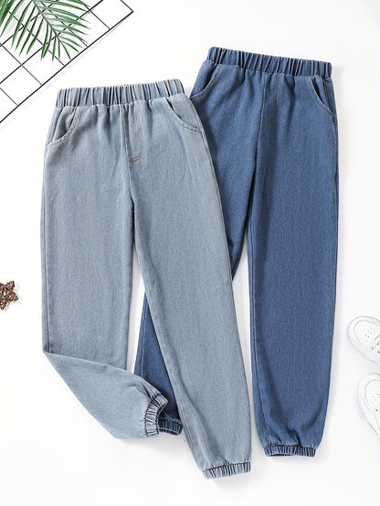 Girls Elastic Waist Denim Jogger Trousers in Solid Colors - 2pcs