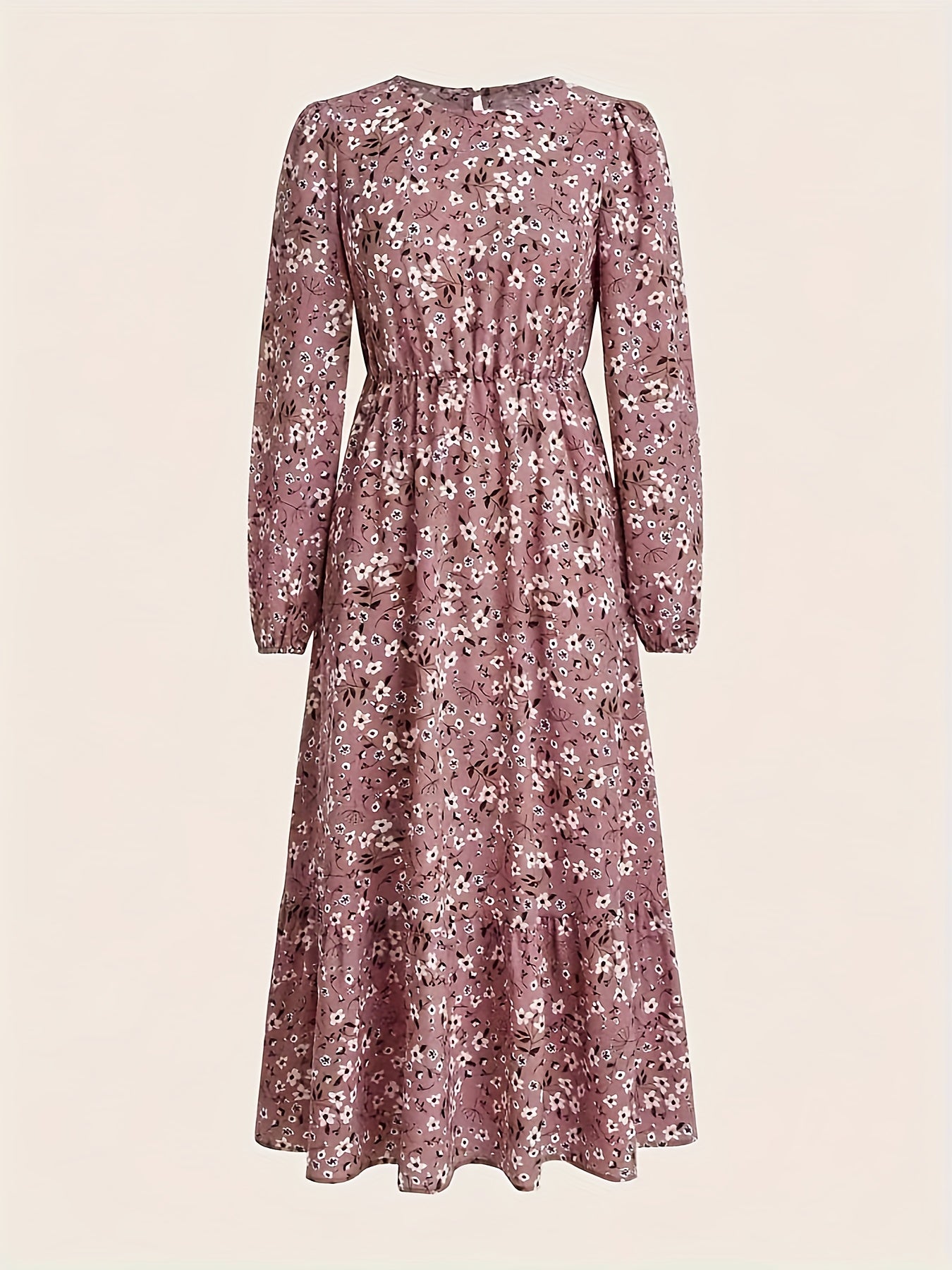 Floral Print Crew Neck Dress, Elegant Long Sleeve