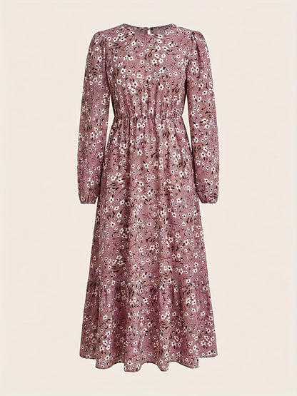 Floral Print Crew Neck Dress, Elegant Long Sleeve