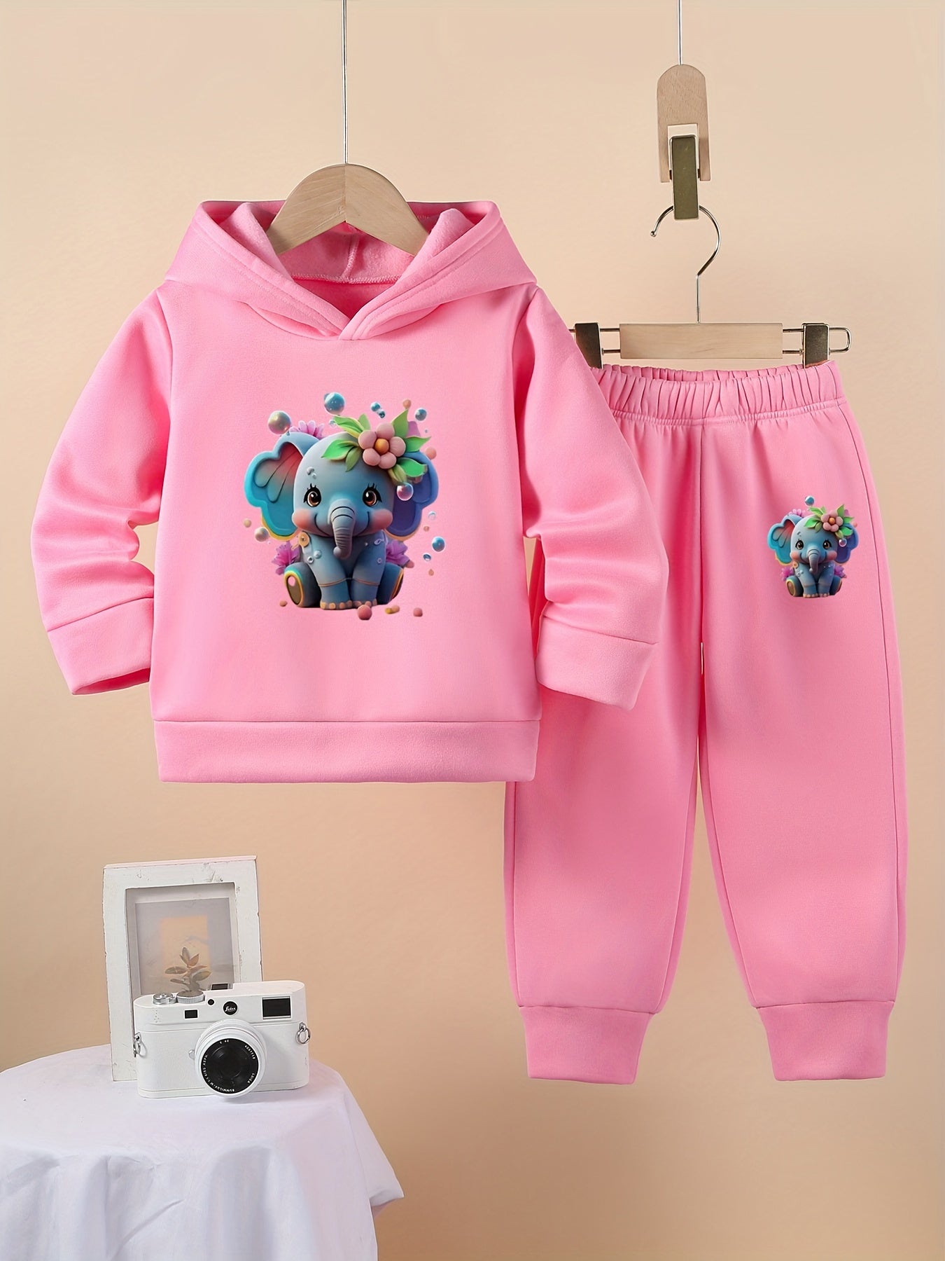 Cute Cartoon Elephant Graphic Print Girl's Casual 2-Piece Set - Hoodie and Sweatpants
