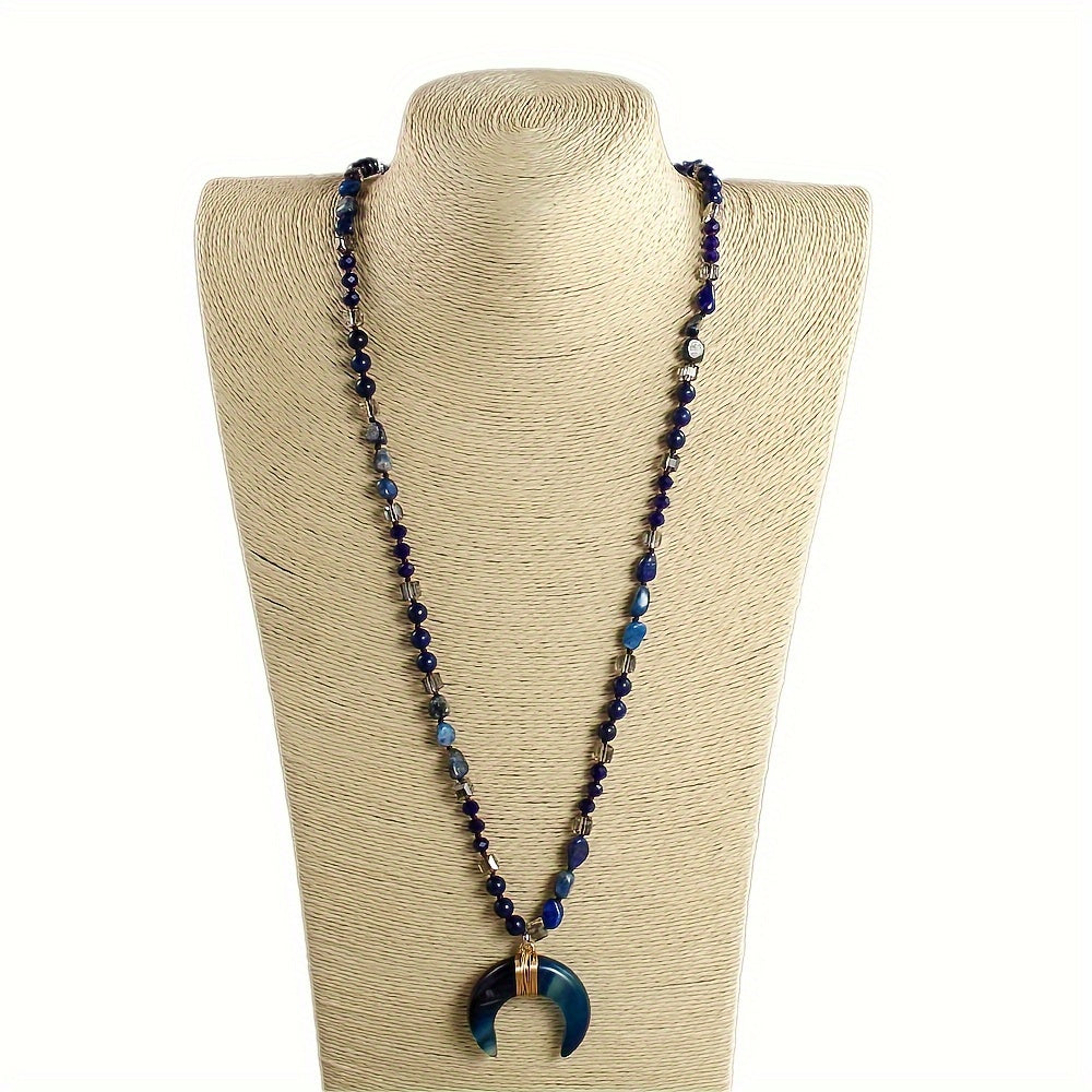 Boho Tribal Style Natural Agate Horn Crescent Moon Pendant Necklace