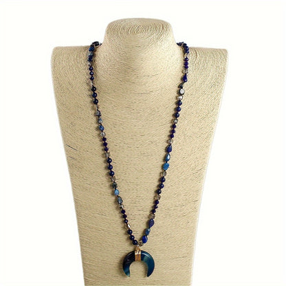 Boho Tribal Style Natural Agate Horn Crescent Moon Pendant Necklace