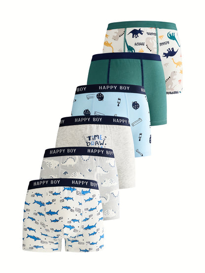 6-Piece Boy's Cotton Boxer Briefs with Cute Basketball Dinosaur Print