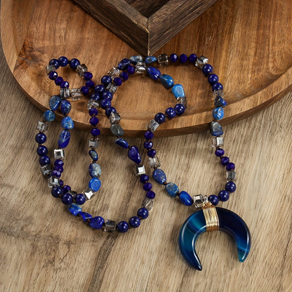 Boho Tribal Style Natural Agate Horn Crescent Moon Pendant Necklace
