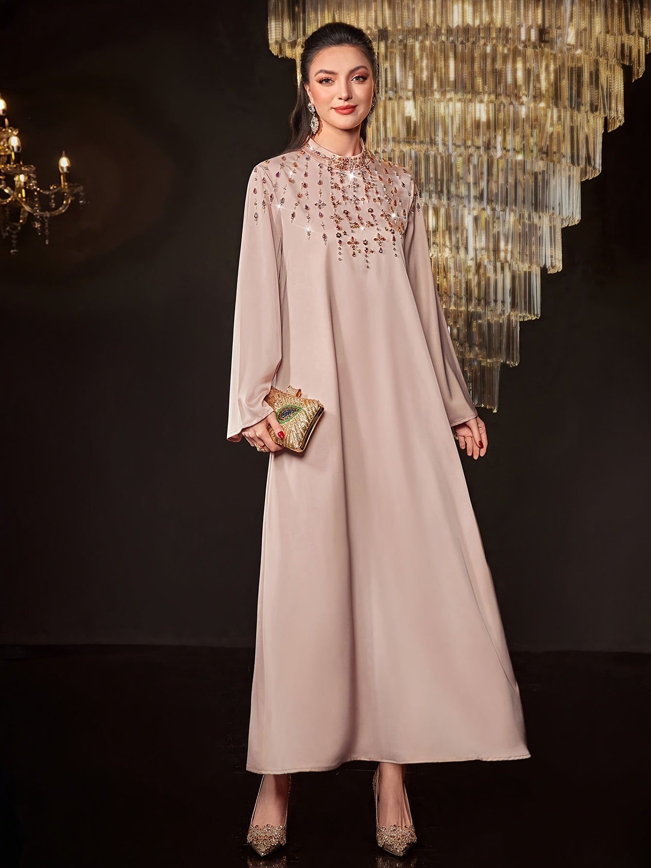 Rhinestone Mock Neck Abaya, Spring & Fall, Women's Clothing