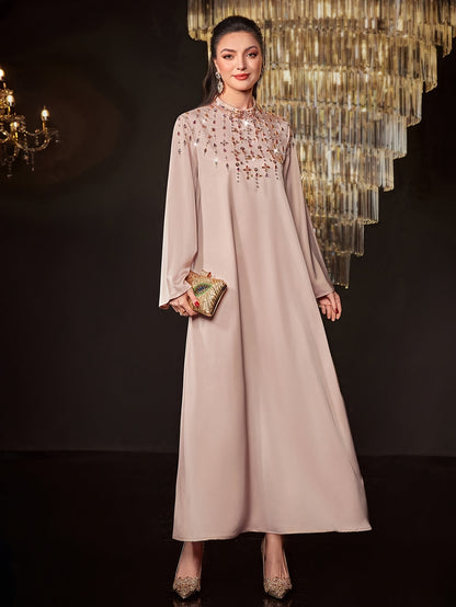 Rhinestone Mock Neck Abaya, Spring & Fall, Women's Clothing