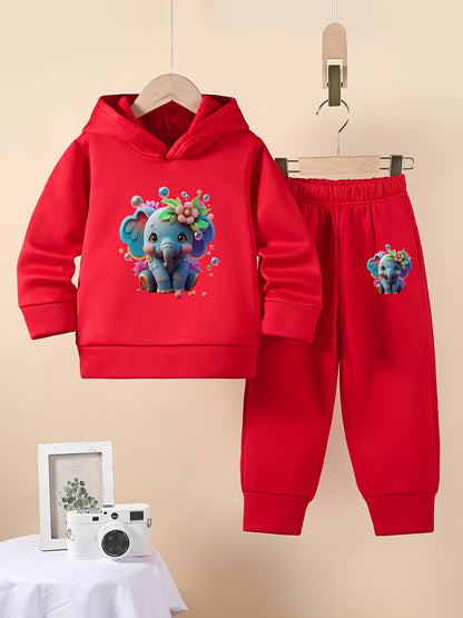 Cute Cartoon Elephant Graphic Print Girl's Casual 2-Piece Set - Hoodie and Sweatpants