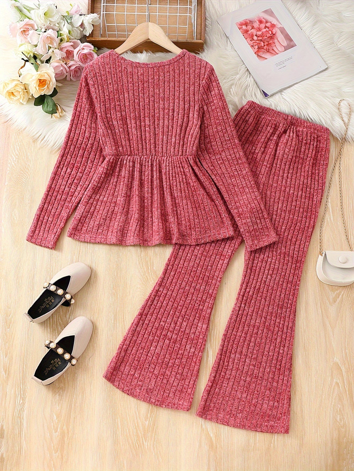 1 Set Girl's Casual Peplum T-Shirt + Bell-bottom Pants Co-ords Set