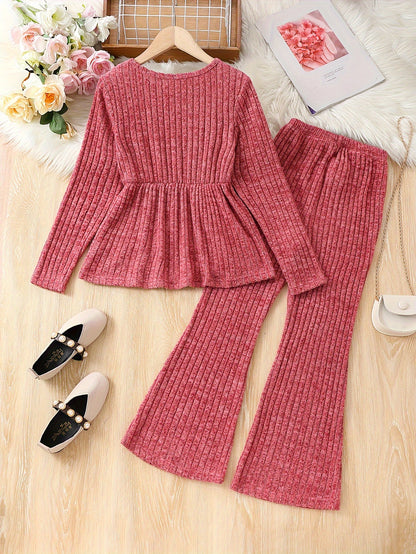1 Set Girl's Casual Peplum T-Shirt + Bell-bottom Pants Co-ords Set