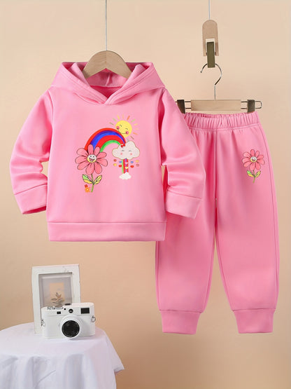 Girl's Cartoon Flower Rainbow Print 2pcs Co Ord Set - Long Sleeve Hoodie & Sweatpants