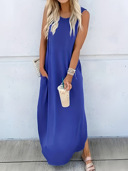 Solid Color Crew Neck Maxi Dress