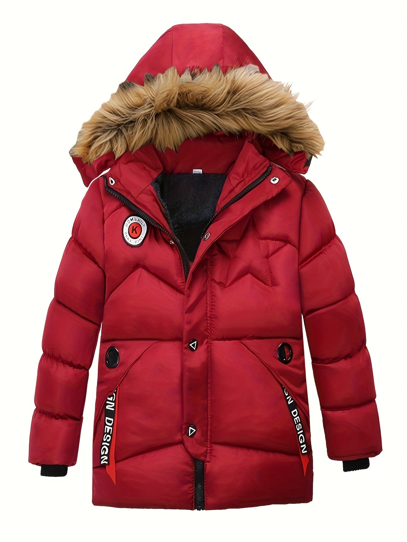 Boy's Trendy Fleece Lining Down Jacket, Warm Zip Up Hooded Coat