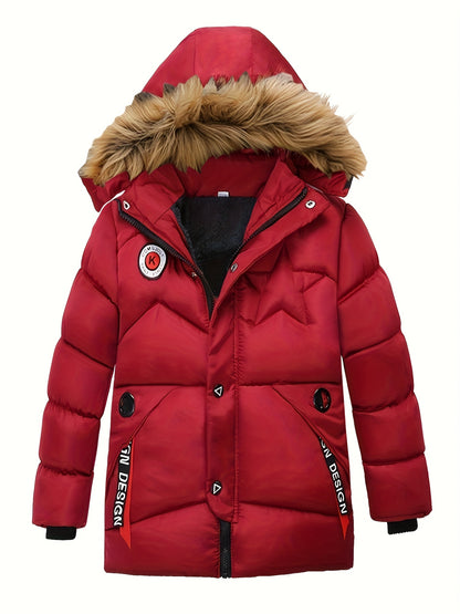 Boy's Trendy Fleece Lining Down Jacket, Warm Zip Up Hooded Coat