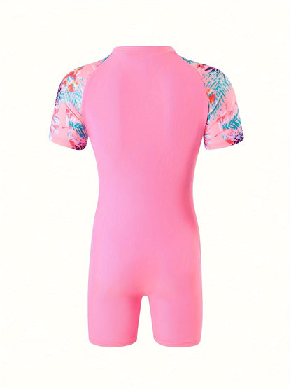 Girls High Stretch & Fit Tropical Leaves Pattern Rash Guard Swimsuit