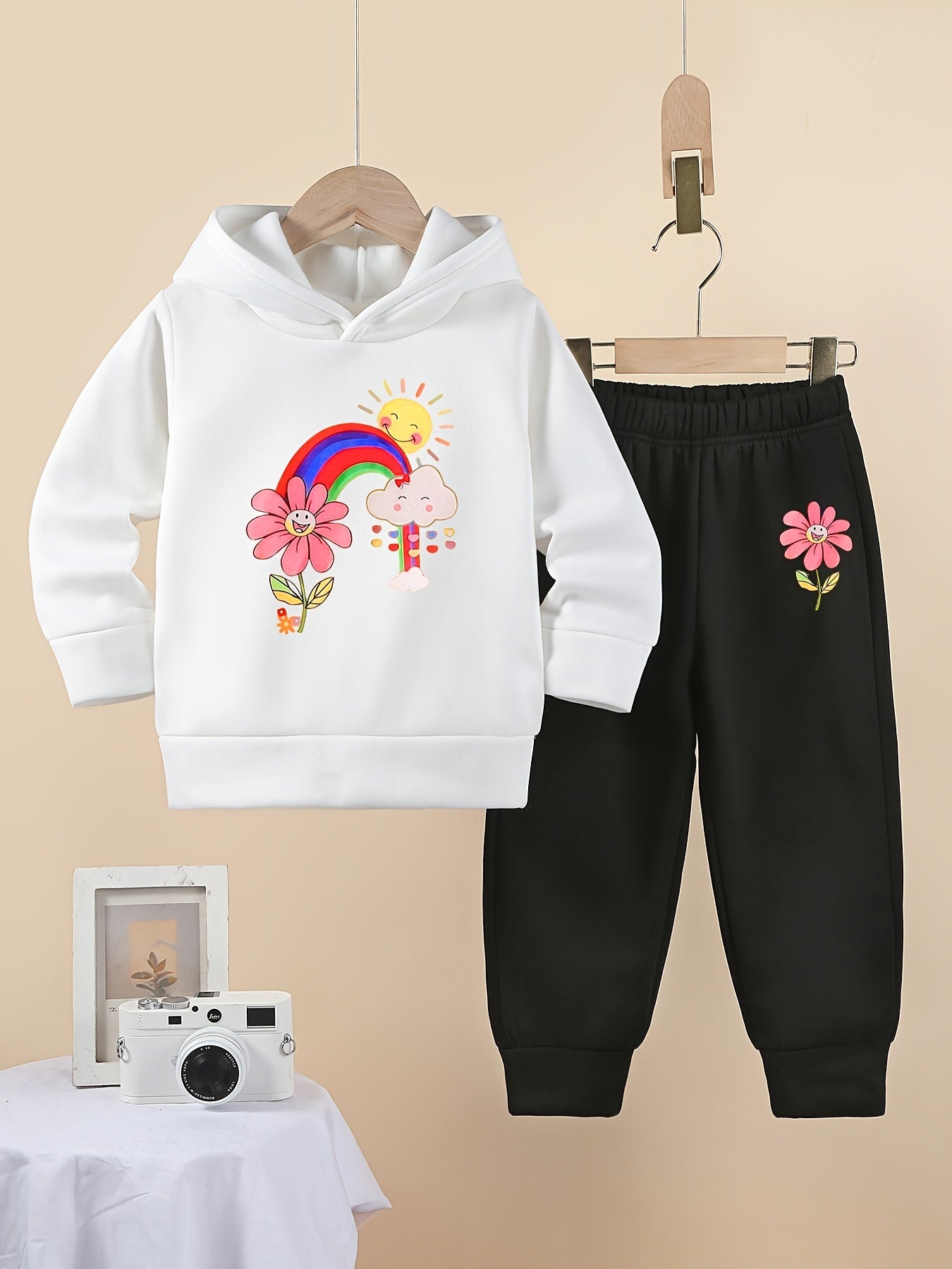 Girl's Cartoon Flower Rainbow Print 2pcs Co Ord Set - Long Sleeve Hoodie & Sweatpants
