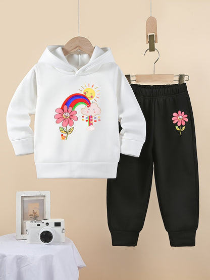 Girl's Cartoon Flower Rainbow Print 2pcs Co Ord Set - Long Sleeve Hoodie & Sweatpants