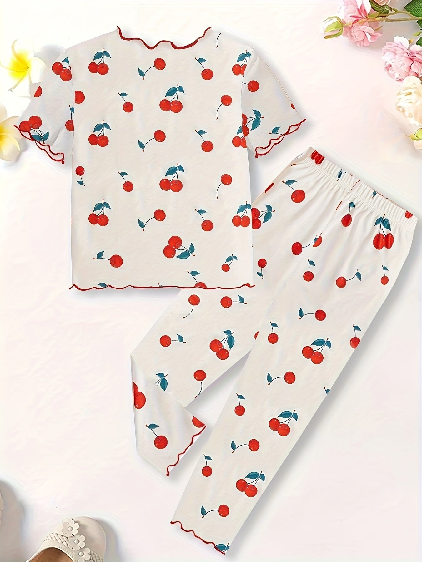 2 Pcs Girl's Casual Underwear Set with Cute Cherry Print- Round Neck Short Sleeve & Trousers