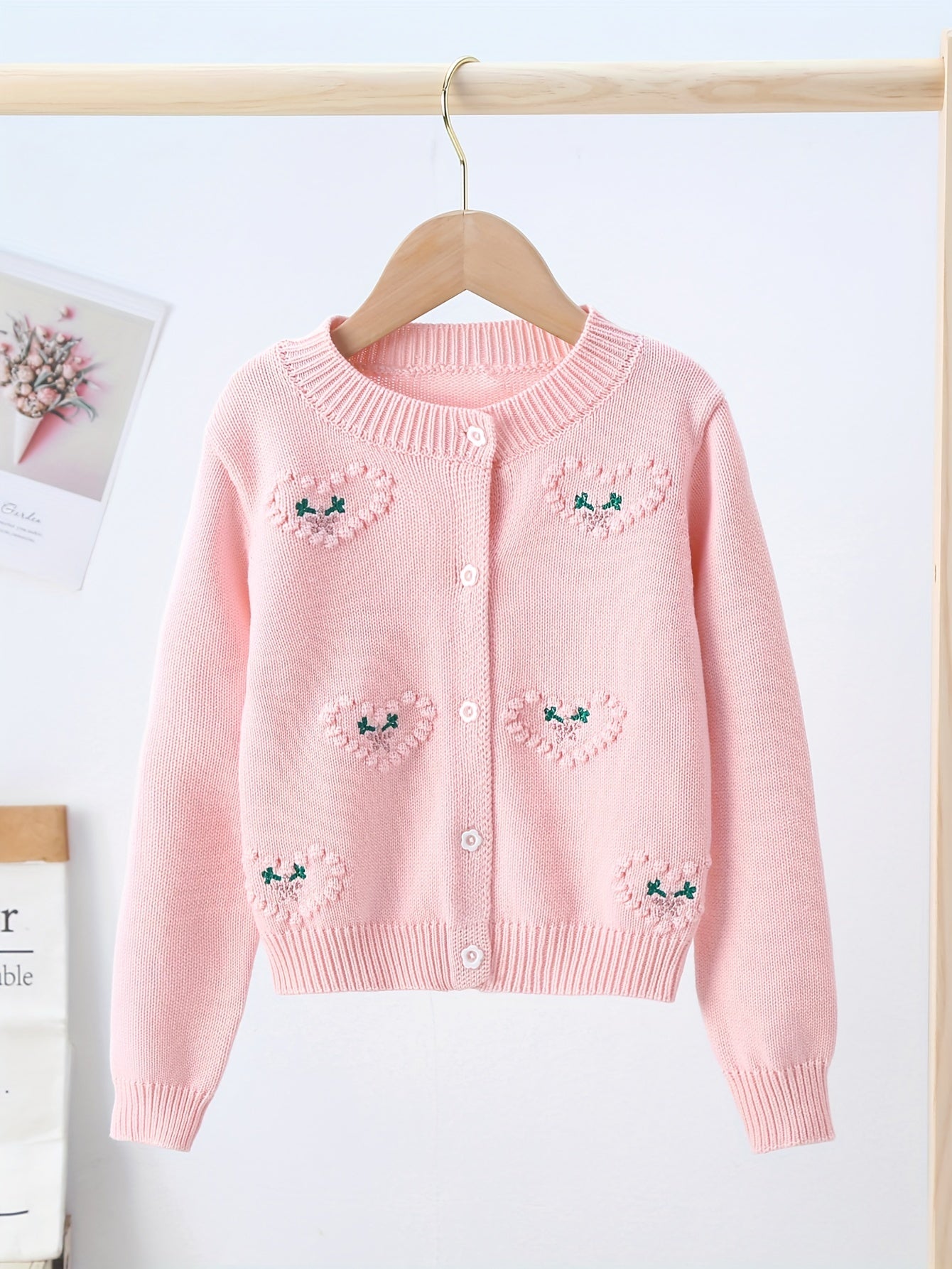 Girls Pure Cotton Cute Heart Jacquard Long Sleeve Button Down Knit Cardigan Clothes