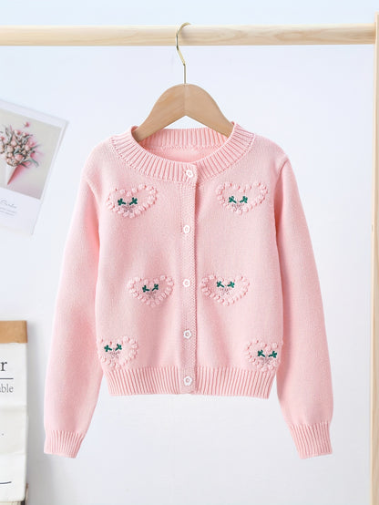 Girls Pure Cotton Cute Heart Jacquard Long Sleeve Button Down Knit Cardigan Clothes