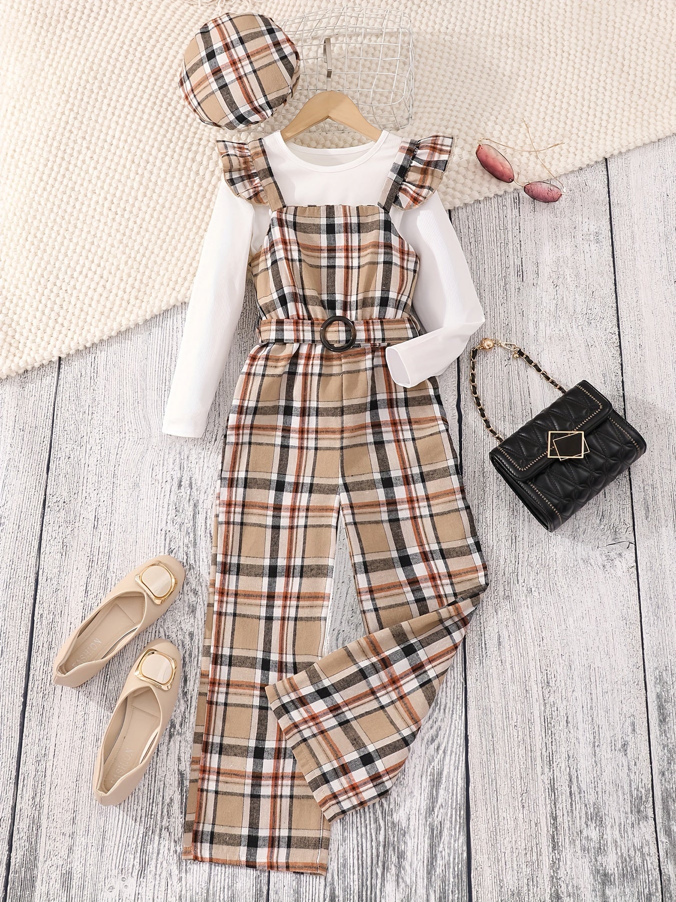 Girls Outfits 4PCS Solid Pullover + Plaid Jumpsuit + Hat + Belt Set