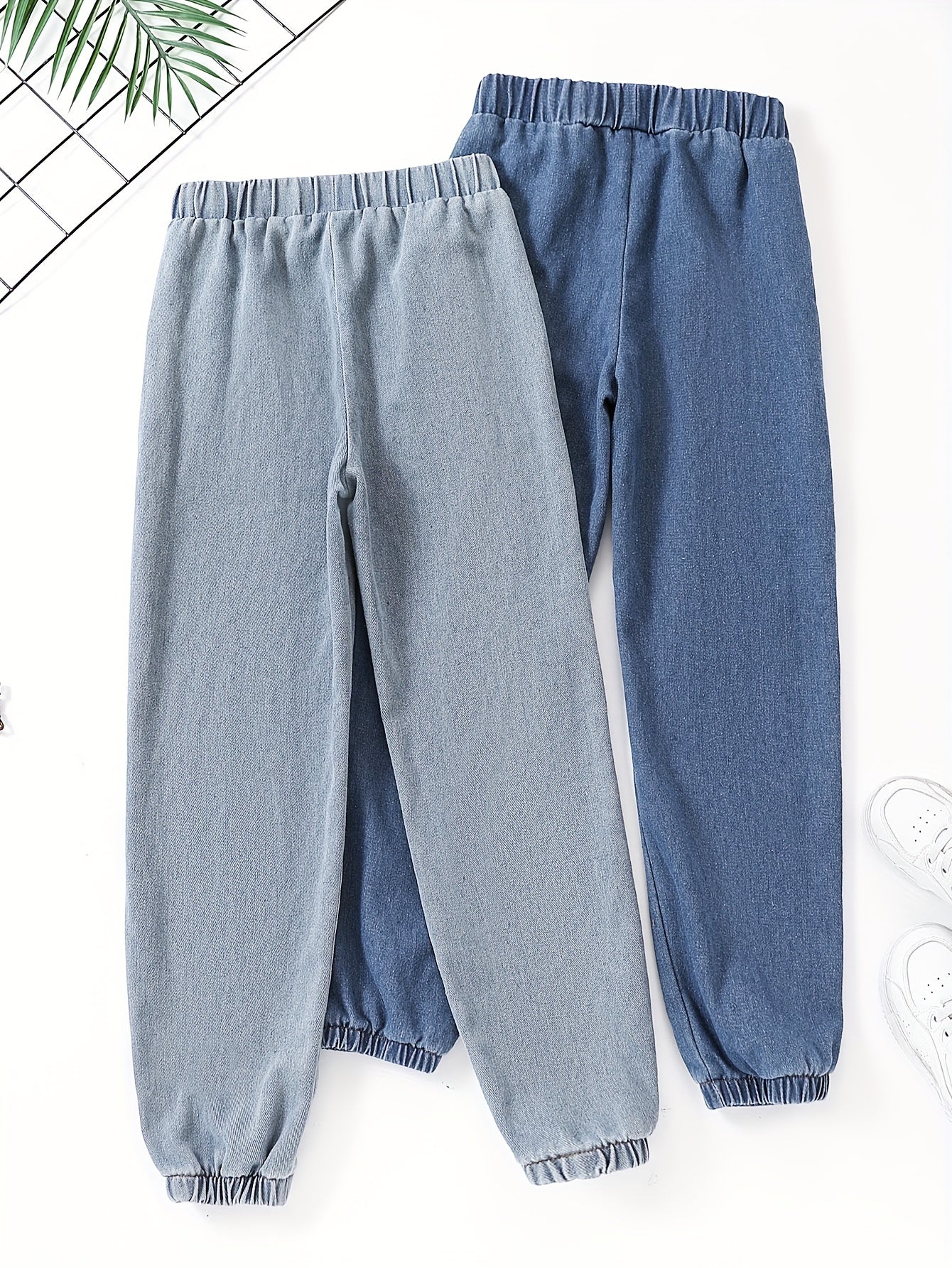 Girls Elastic Waist Denim Jogger Trousers in Solid Colors - 2pcs