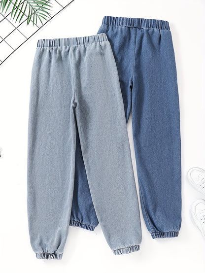 Girls Elastic Waist Denim Jogger Trousers in Solid Colors - 2pcs