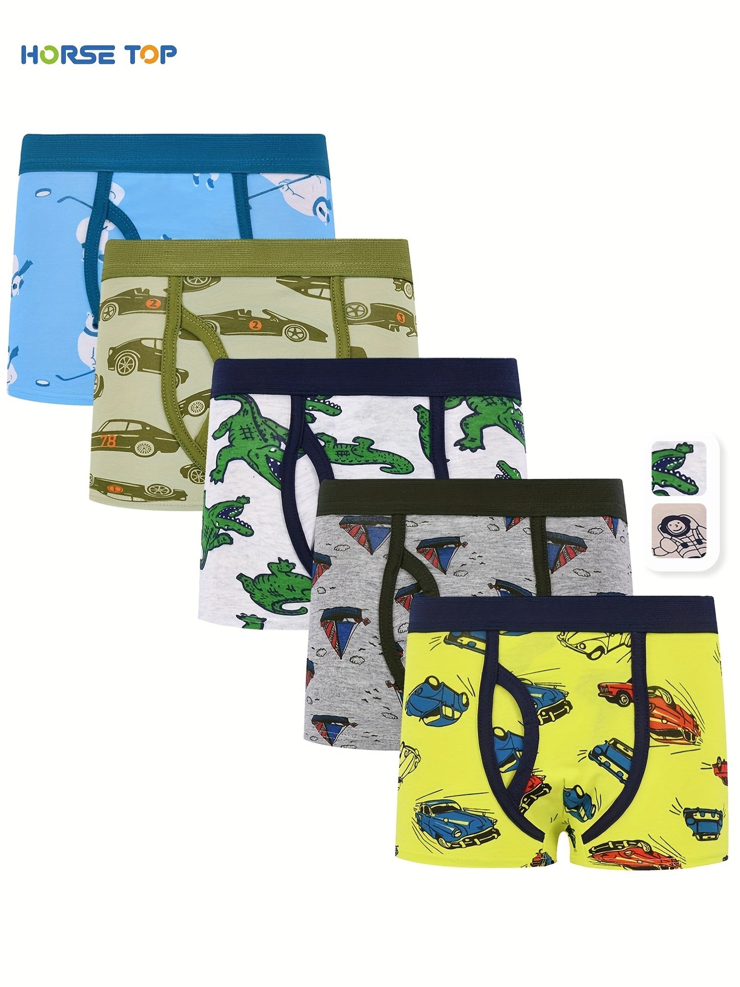 Pack of 5 Boys' Boxer Briefs with Cartoon Dinosaur Pattern