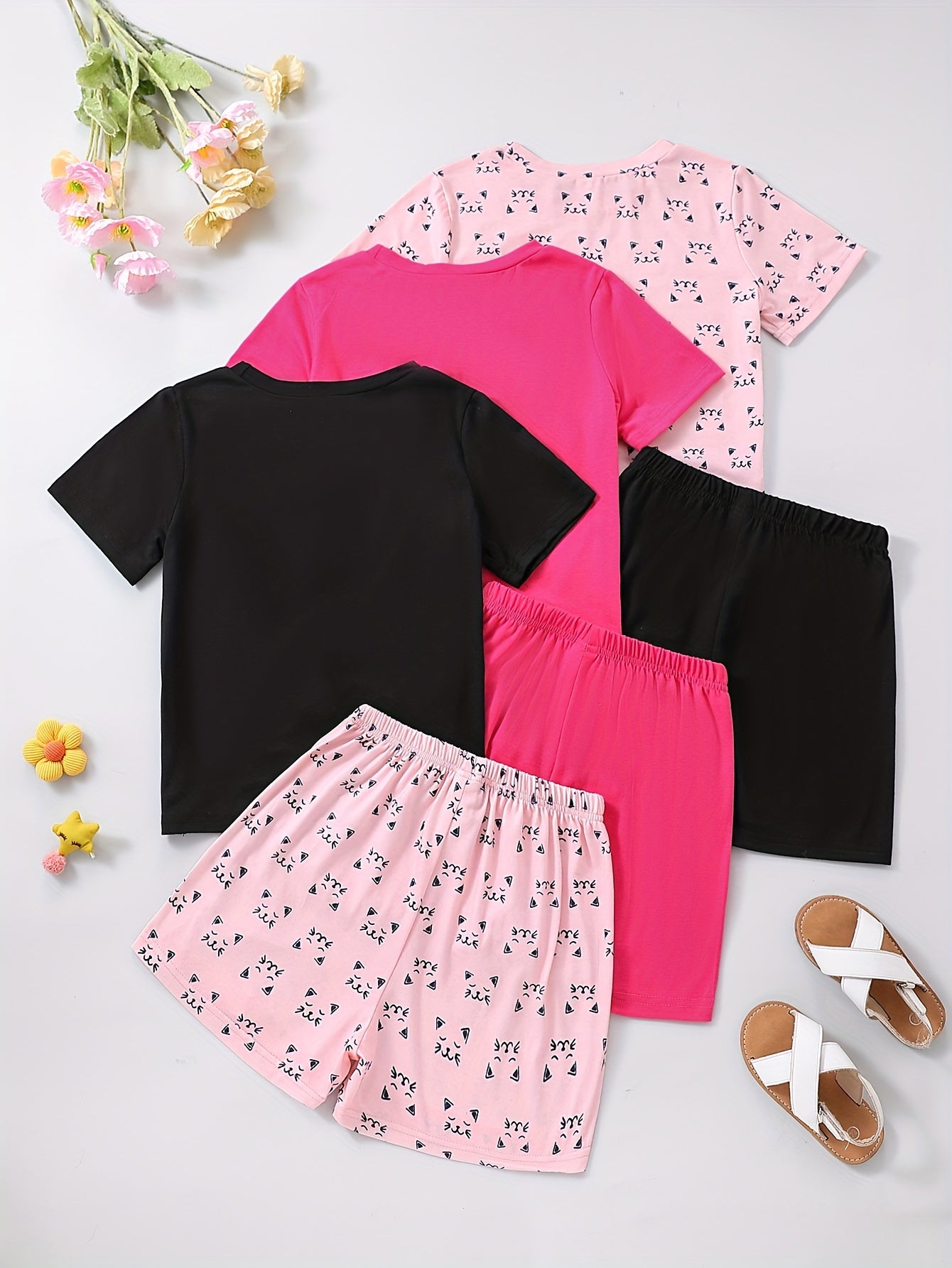 Girls 6-Piece Los Angeles Letter Pattern Pajama Set - Short T-Shirts & Shorts
