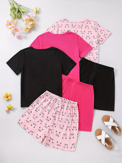 Girls 6-Piece Los Angeles Letter Pattern Pajama Set - Short T-Shirts & Shorts