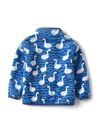 Boys Casual Cute Duck Print Slightly Stretch Stand Collar Fleece Zip Up